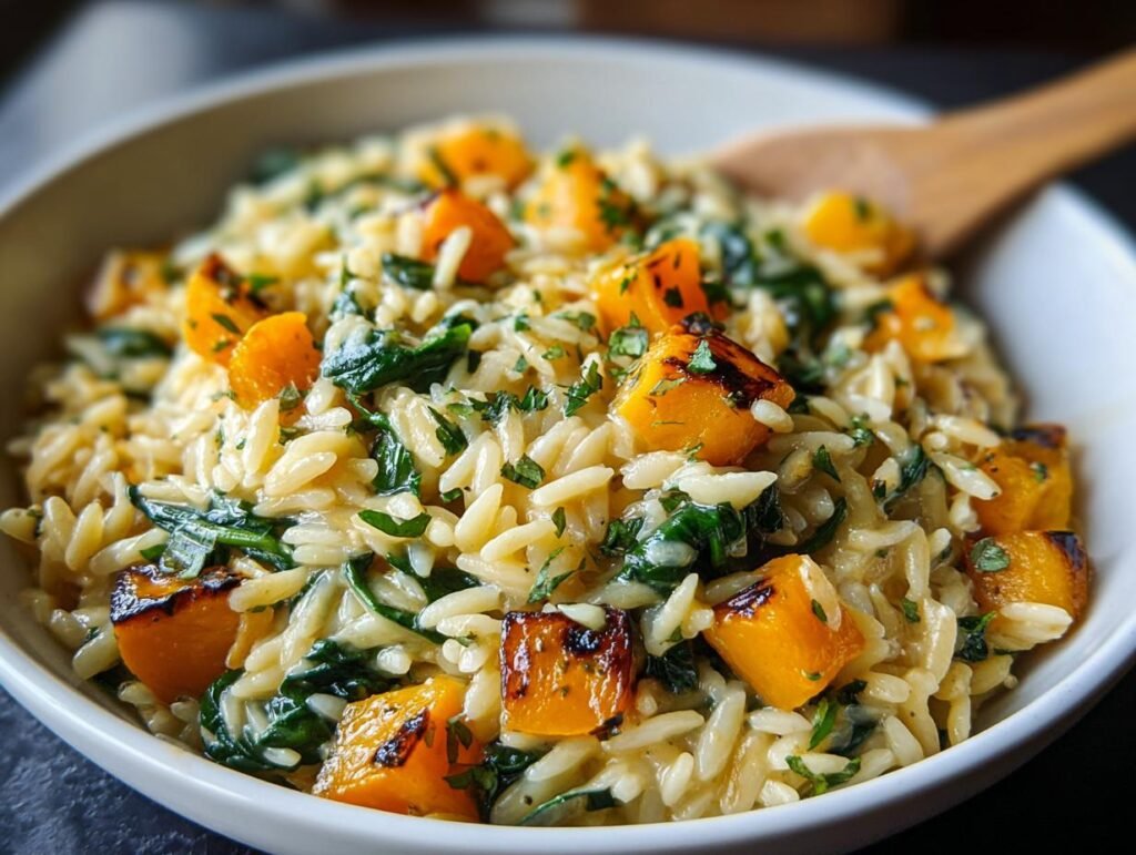 Gros plan d'un bol d'orzo crémeux butternut épinards, garni de persil frais.