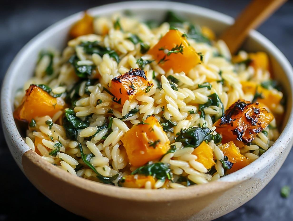 Bol d'orzo crémeux butternut épinards, garni d'herbes fraîches, avec des morceaux de courge rôtie.
