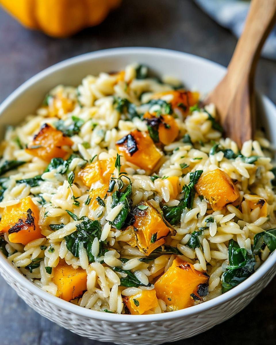 Gros plan d'un bol d'orzo crémeux butternut épinards, garni de morceaux de courge rôtie et d'épinards frais.