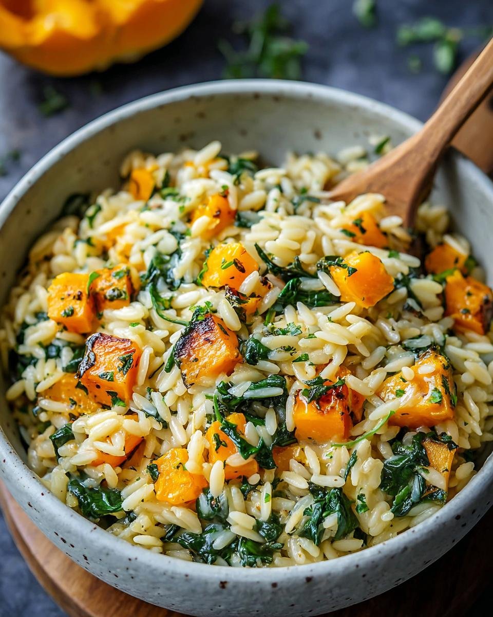 Gros plan d'un bol d'orzo crémeux butternut épinards, garni de persil frais.