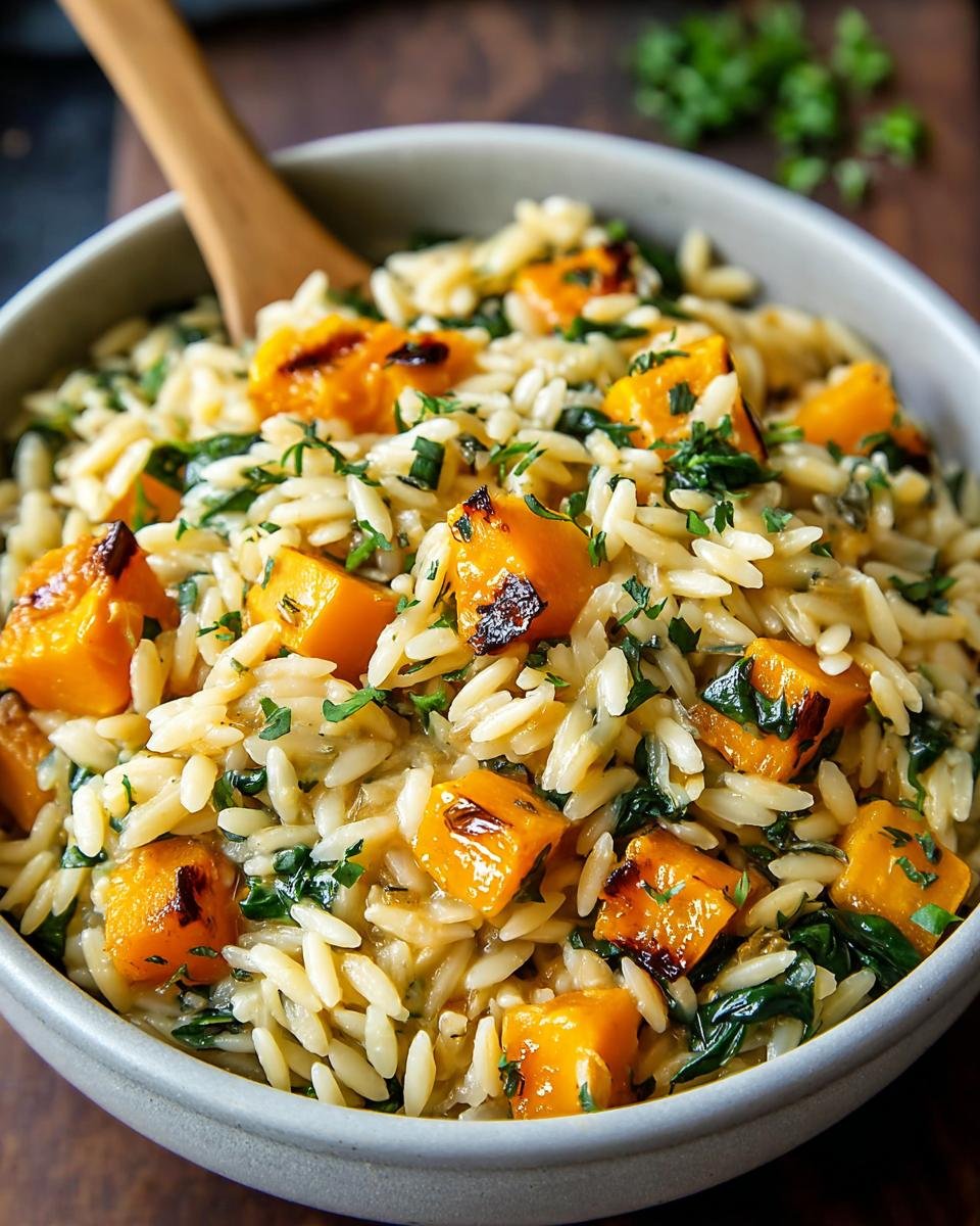 Gros plan d'un bol d'orzo crémeux butternut épinards, garni de persil frais.