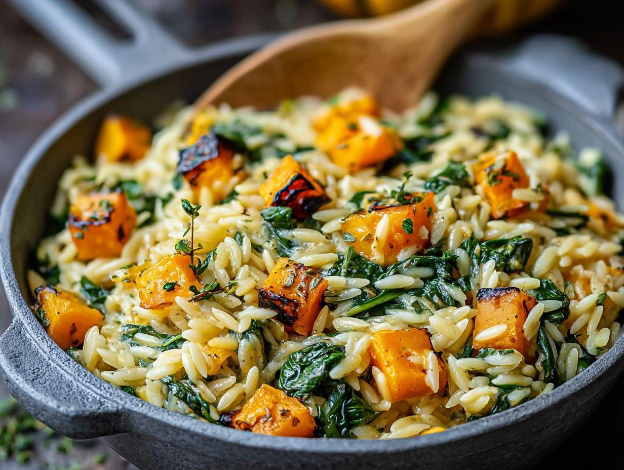 Gros plan d'un orzo crémeux butternut épinards dans une poêle, garni de dés de courge rôtie et d'herbes fraîches.