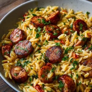 Gros plan d'une portion d'Orzo aux Saucisses et Beurre à l'Ail, garni de persil frais.