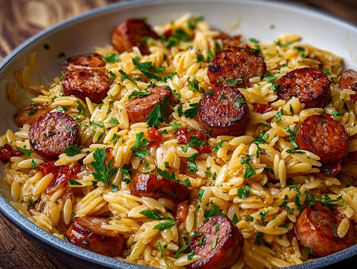 Gros plan d'un plat d'orzo aux saucisses grillées et persil frais, baignant dans du beurre à l'ail.
