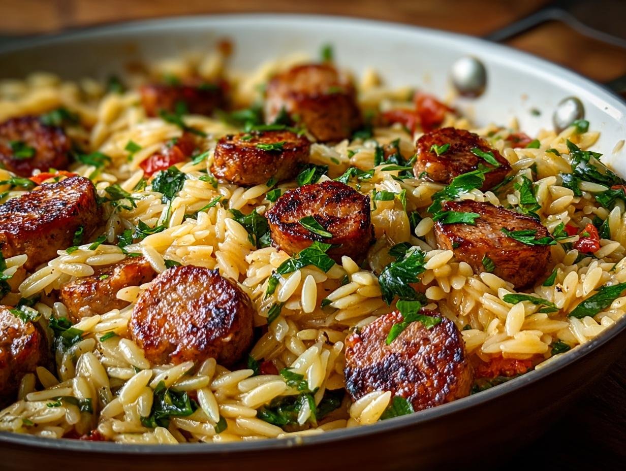 Gros plan d'un plat d'Orzo aux Saucisses et Beurre à l'Ail, garni de persil frais.