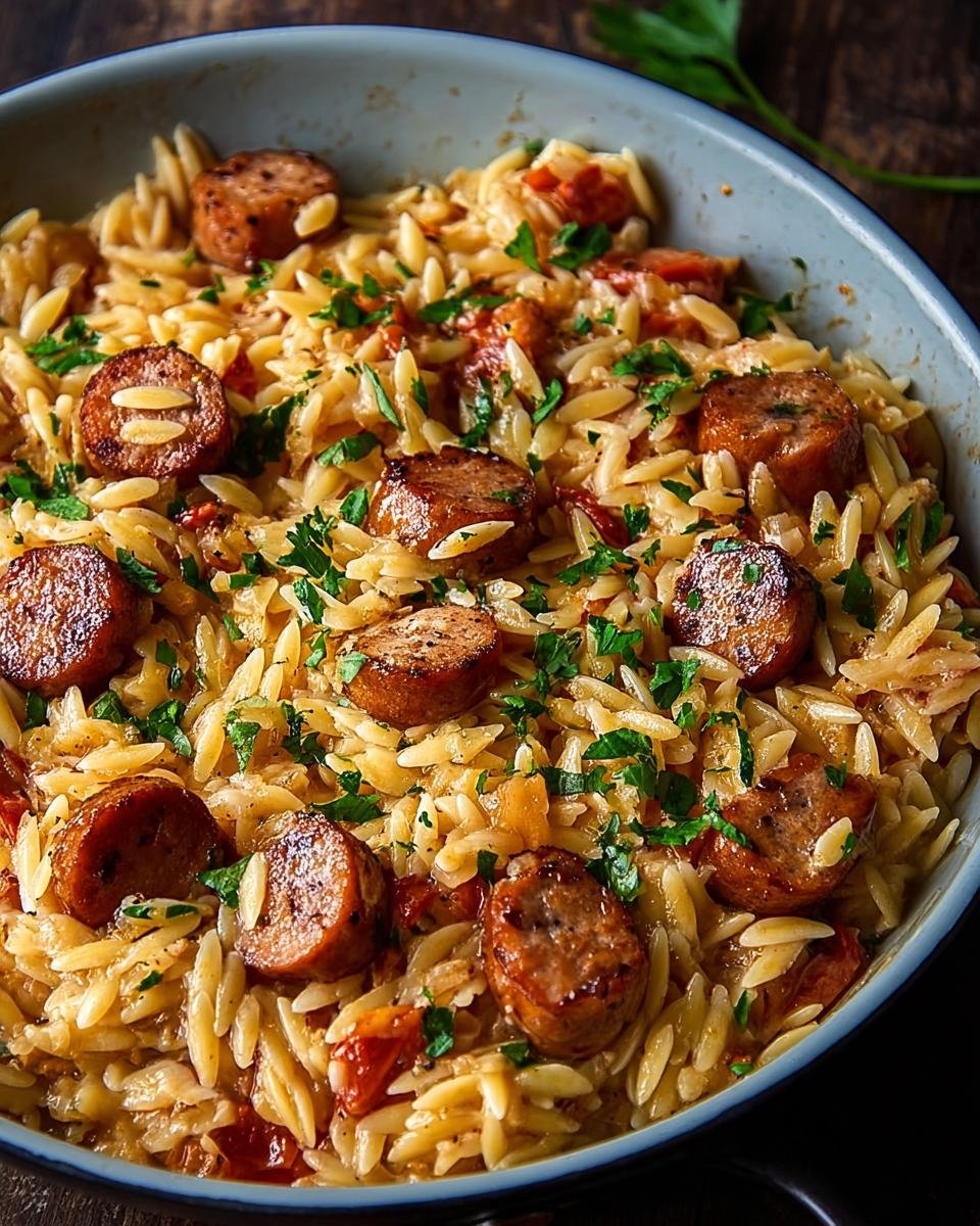 Gros plan d'un plat d'orzo aux saucisses grillées et persil frais, garni de morceaux de tomates.