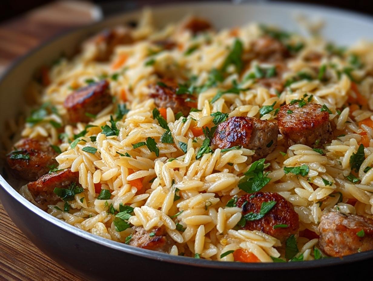 Gros plan sur un plat d'orzo aux saucisses coupées, garni de persil frais et de petits morceaux de carottes.