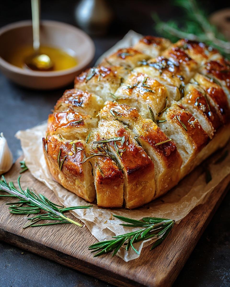 Gros plan d'un pain à l'ail rôti et romarin, coupé en tranches et nappé d'une sauce dorée.