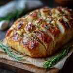 Gros plan d'un pain à l'ail rôti et romarin doré et croustillant, garni de romarin frais.