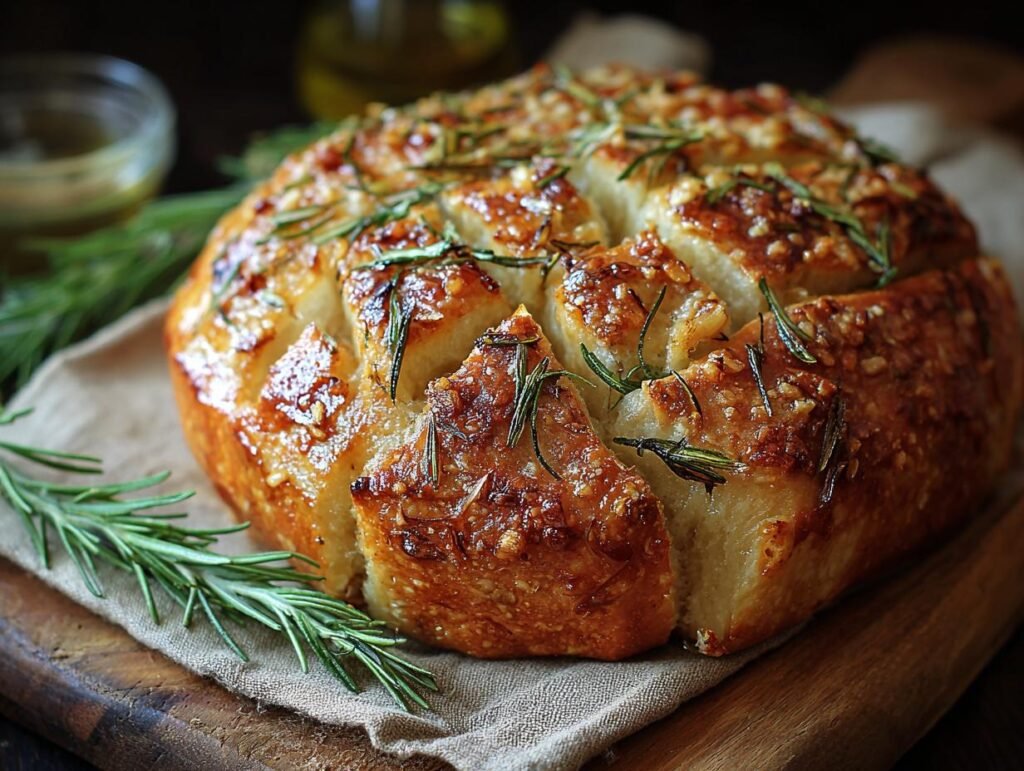 Gros plan sur un pain à l'ail rôti et romarin doré, coupé en portions, sur une planche en bois.