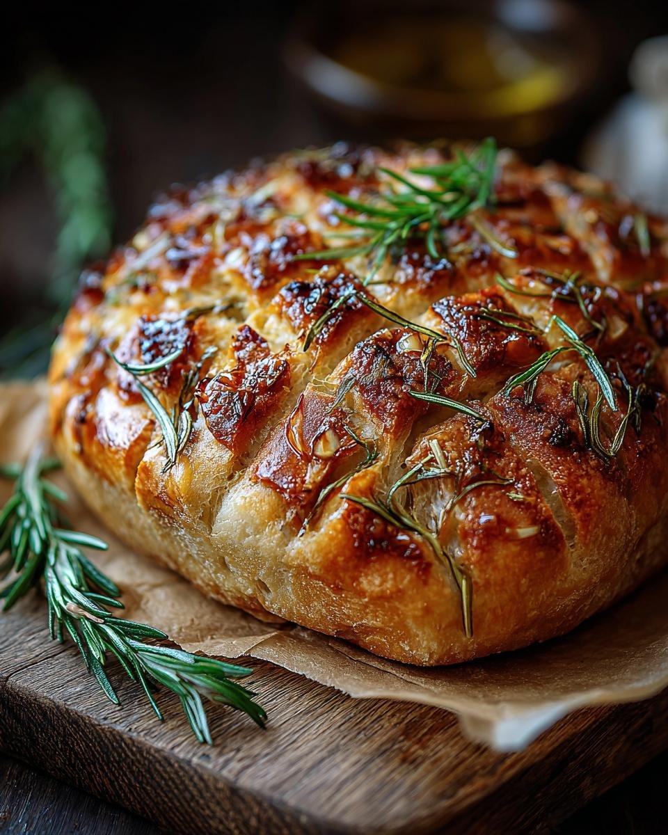 Gros plan d'un pain à l'ail rôti et romarin doré et croustillant sur une planche en bois.