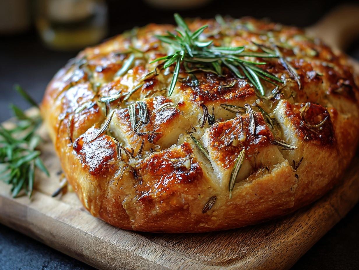 Gros plan d'un pain à l'ail rôti et romarin doré et croustillant, garni de brins de romarin frais.