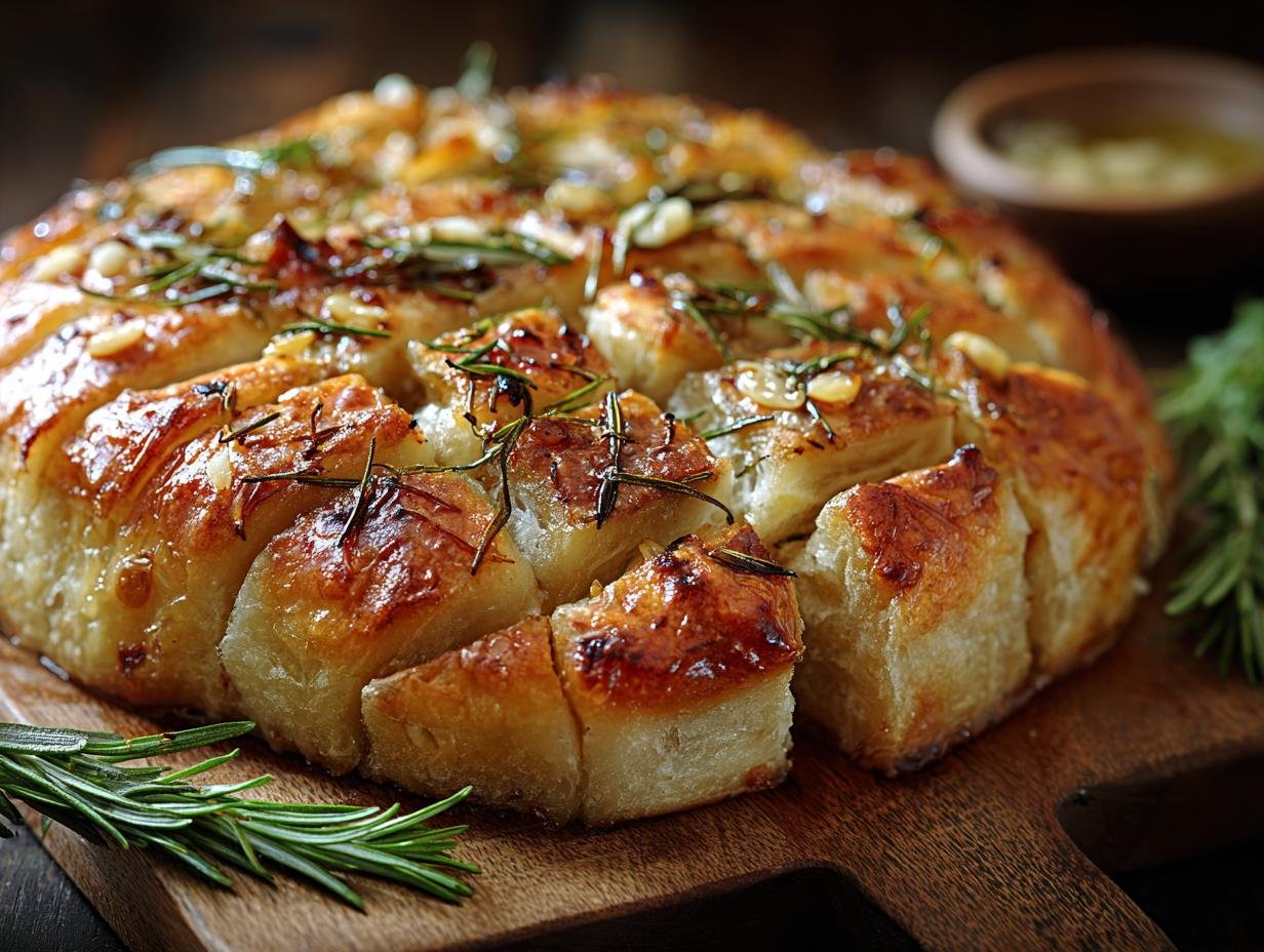 Gros plan d'un pain à l'ail rôti et romarin, coupé en portions, sur une planche en bois.