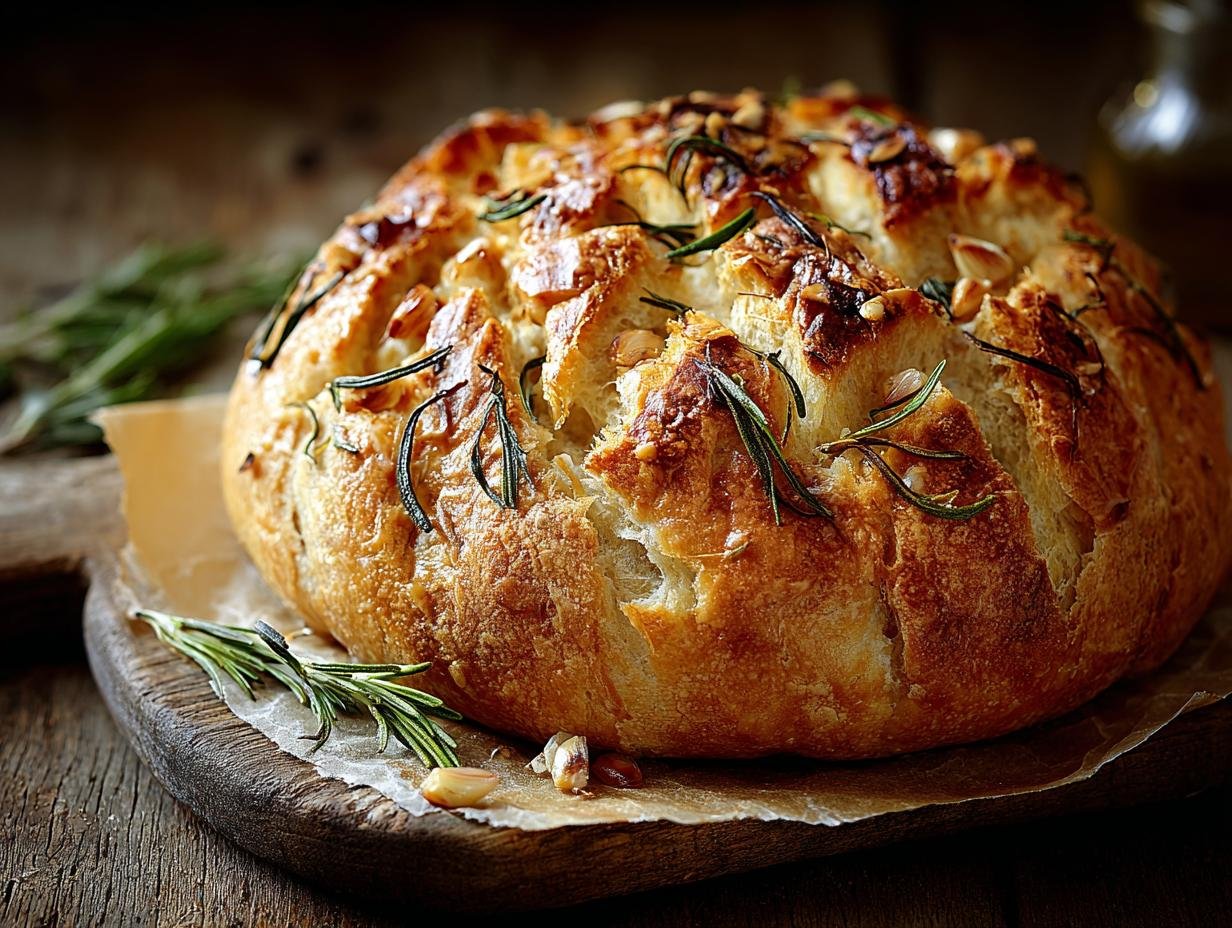 Gros plan d'un pain artisanal à l'ail rôti et romarin, avec une croûte dorée et des herbes fraîches.