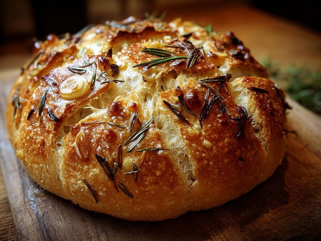 Gros plan d'un pain artisanal à l'ail rôti et romarin sur une planche en bois.