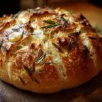 Gros plan d'un pain artisanal à l'ail rôti et romarin sur une planche en bois.