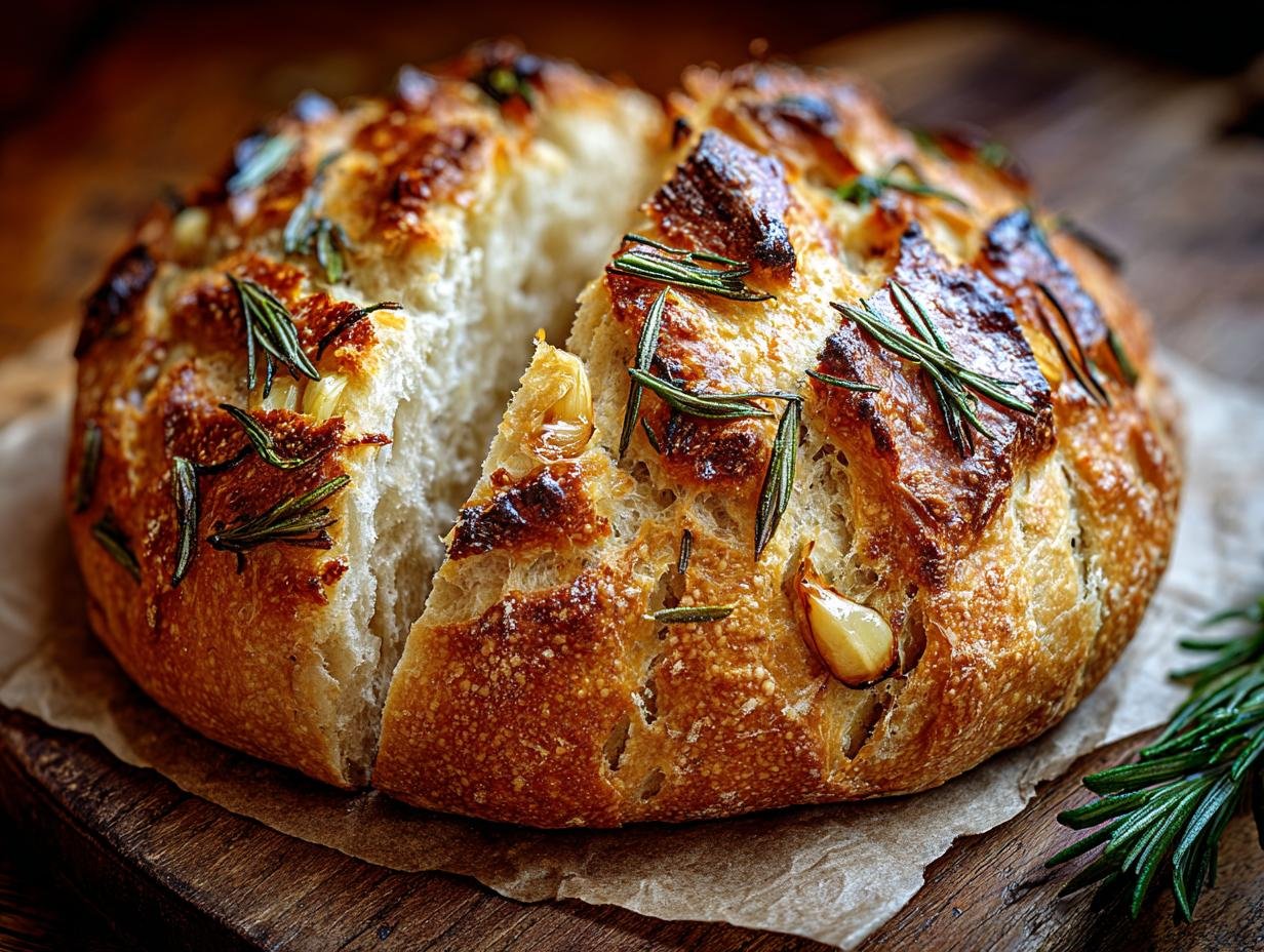 Gros plan d'un pain artisanal à l'ail rôti et romarin, coupé en deux, révélant une mie aérée.