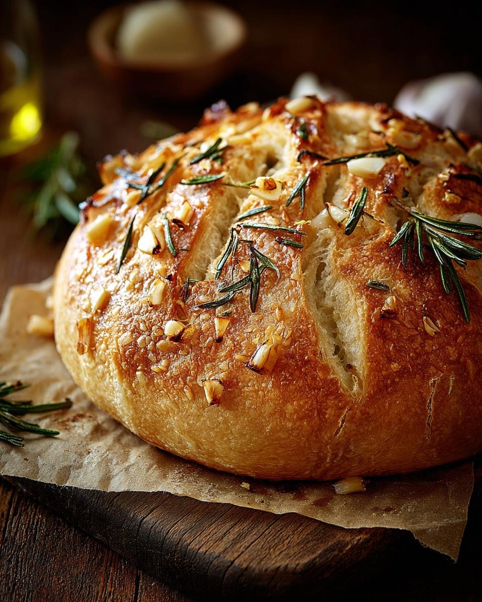 Gros plan d'un pain artisanal doré garni d'ail rôti et de romarin frais.