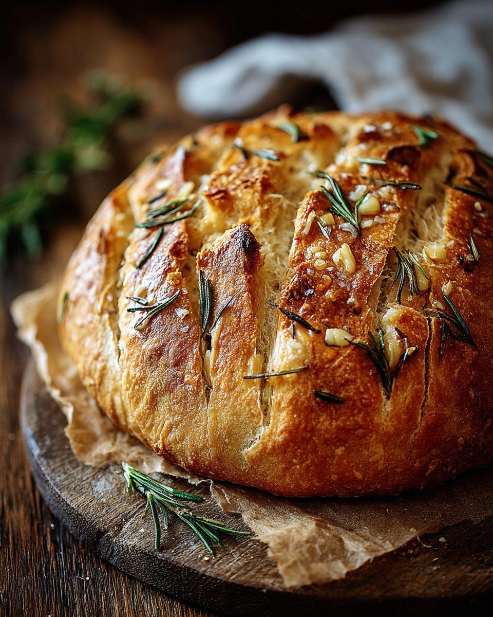 Gros plan d'un pain artisanal à l'ail rôti et romarin, doré et croustillant.