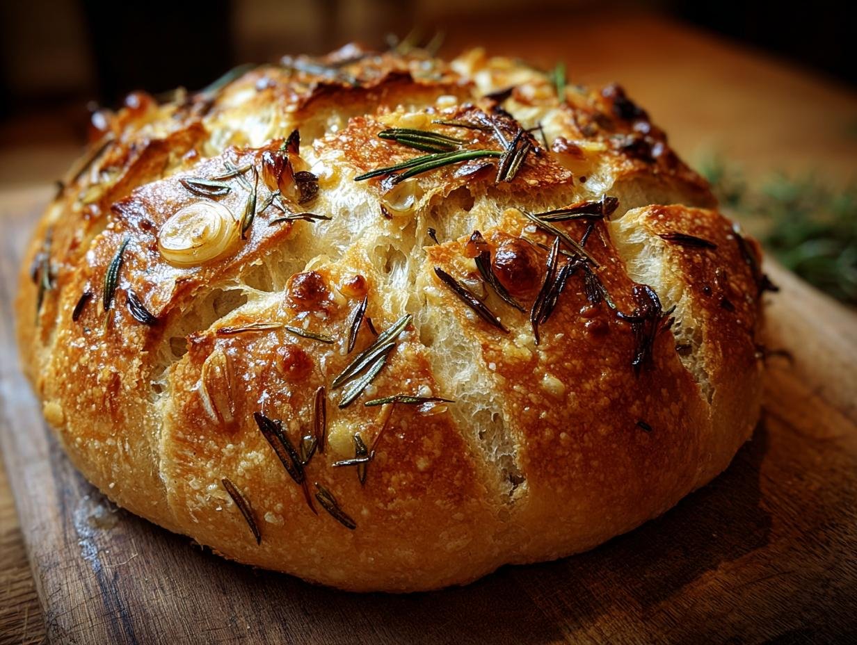 Gros plan d'un pain artisanal à l'ail rôti et romarin sur une planche en bois.