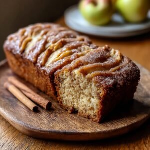 Gros plan d'un pain au cidre de pomme et cannelle, garni de tranches de pomme et de sucre.