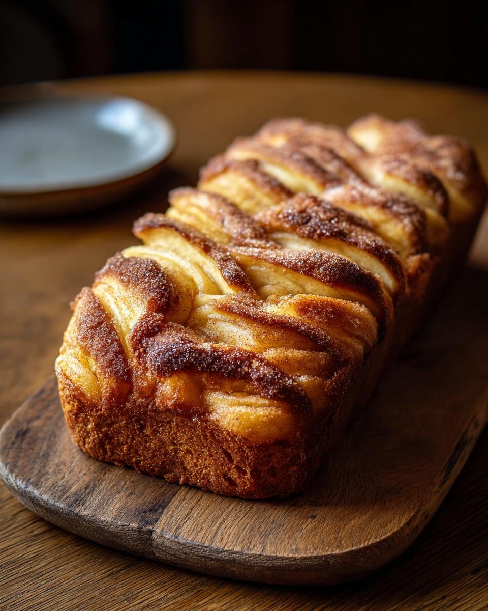 Gros plan d'un pain au cidre de pomme et cannelle fait maison, avec une croûte dorée et des spirales de garniture.