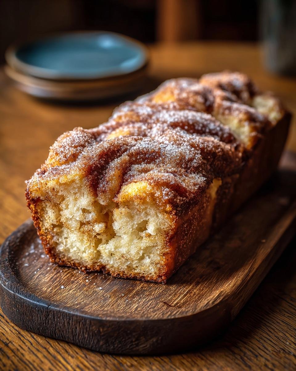 Gros plan d'un pain au cidre de pomme et cannelle sur un plateau en bois, saupoudré de sucre et de cannelle.