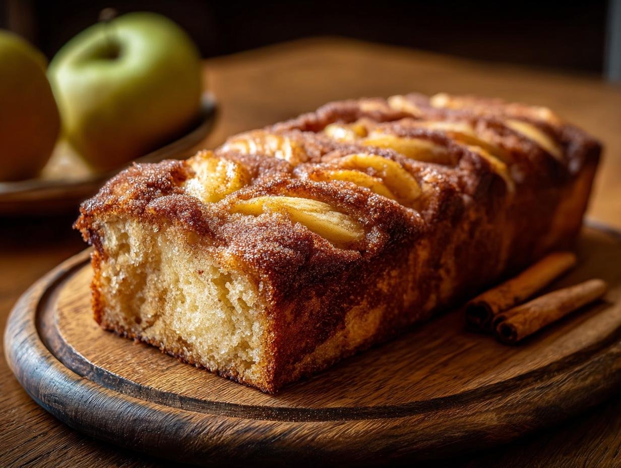 Gros plan d'une tranche de Pain au Cidre de Pomme et Cannelle sur un plateau en bois, avec des bâtons de cannelle à côté.