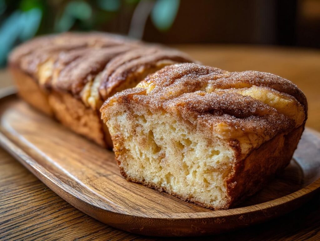 Gros plan sur une tranche de pain au cidre de pomme et cannelle, garni de sucre et de cannelle.