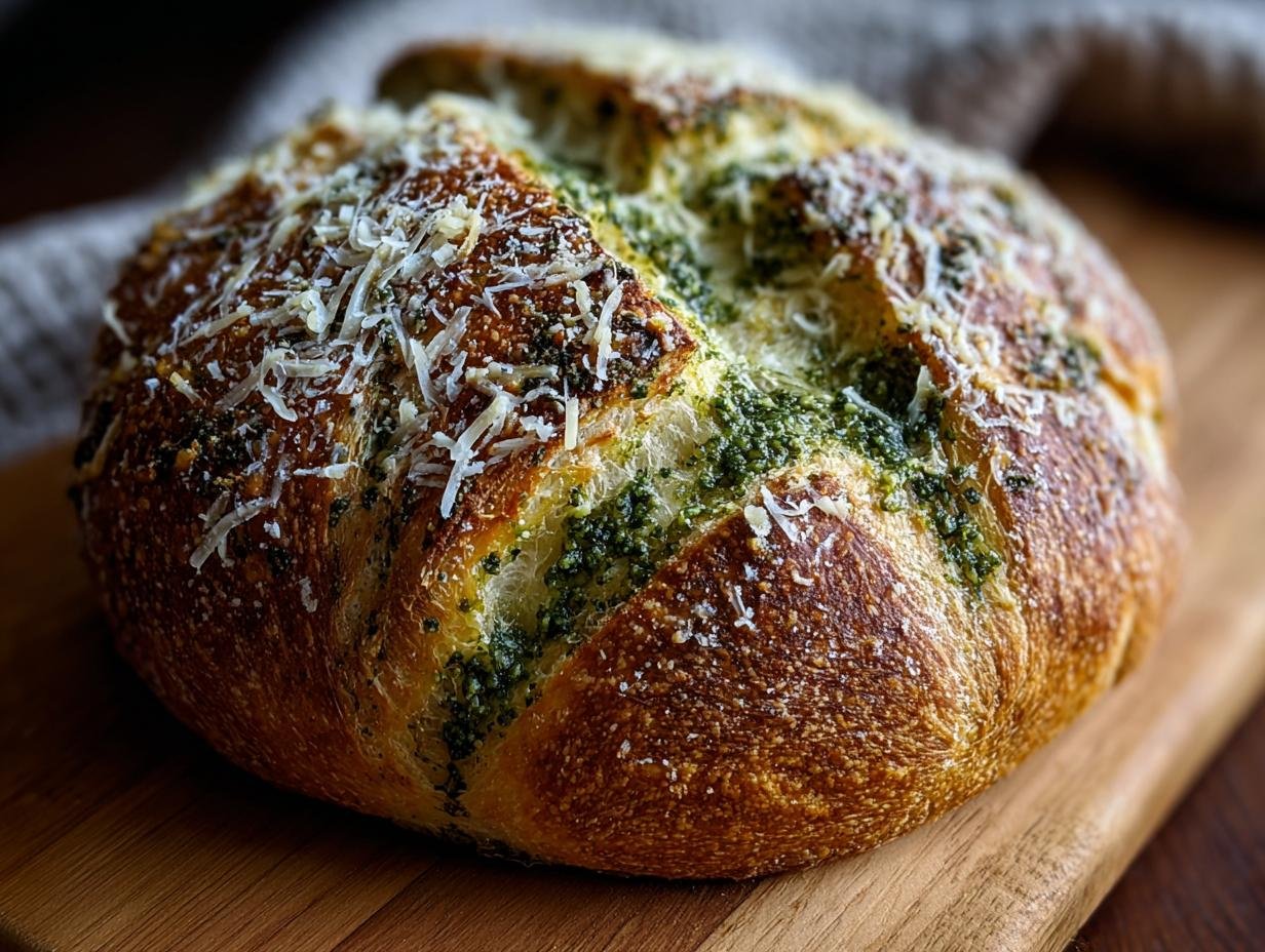 Gros plan d'un pain au levain pesto parmesan doré et croustillant, garni de fromage râpé.