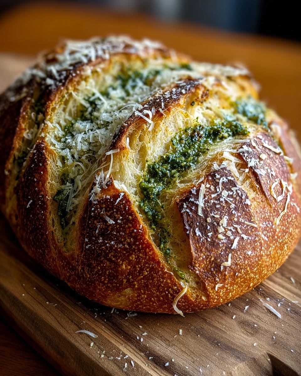 Gros plan d'un pain au levain pesto parmesan fraîchement cuit, garni de fromage râpé.