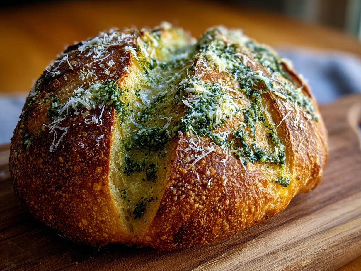 Gros plan sur un pain au levain garni de pesto et de parmesan râpé, prêt à être dégusté.