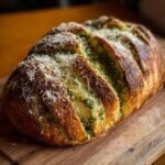 Gros plan d'un pain au levain pesto parmesan sur une planche en bois, garni de parmesan râpé.