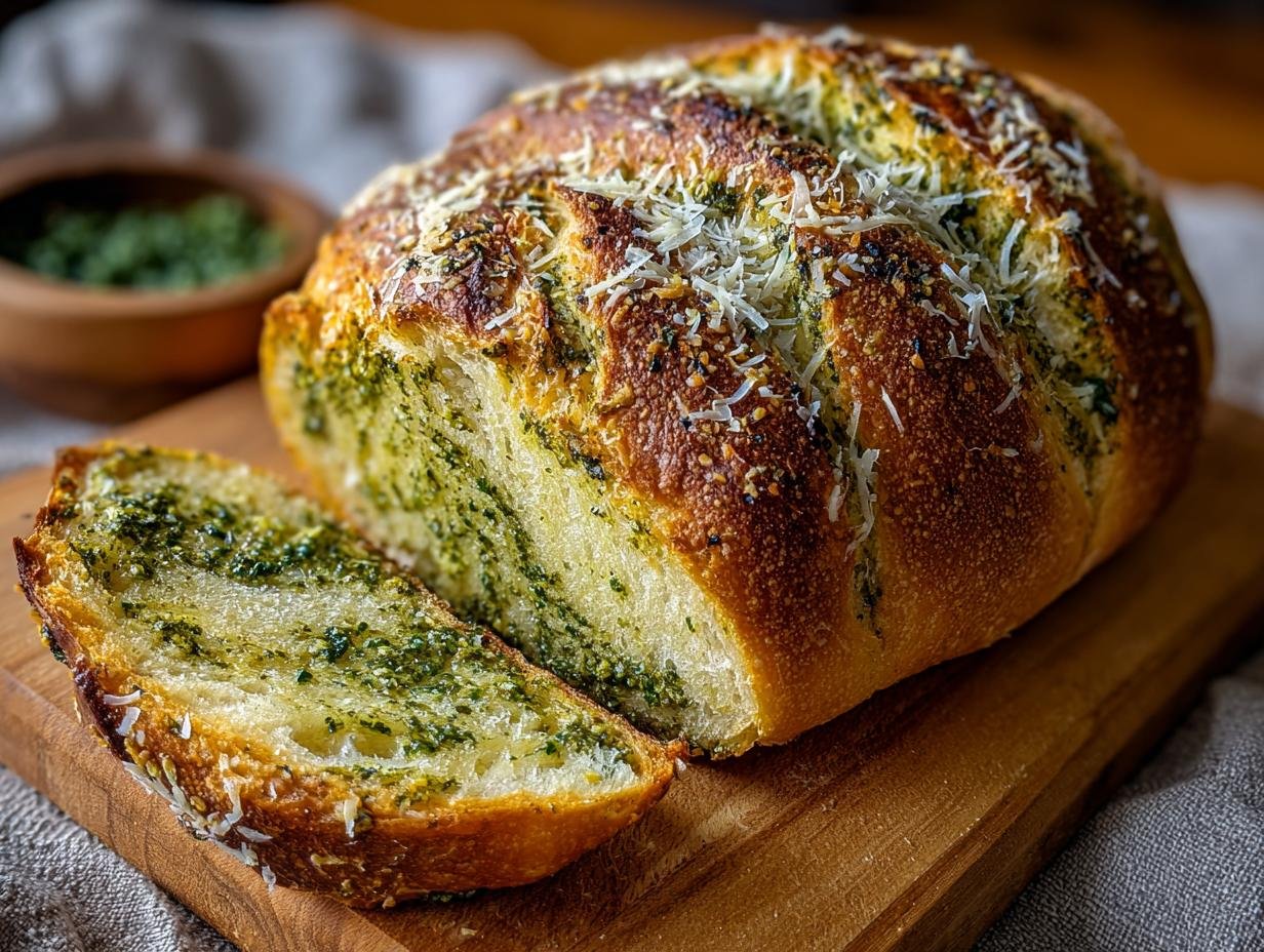 Gros plan d'une tranche de pain au levain pesto parmesan, montrant la mie moelleuse et le pesto vert vif.