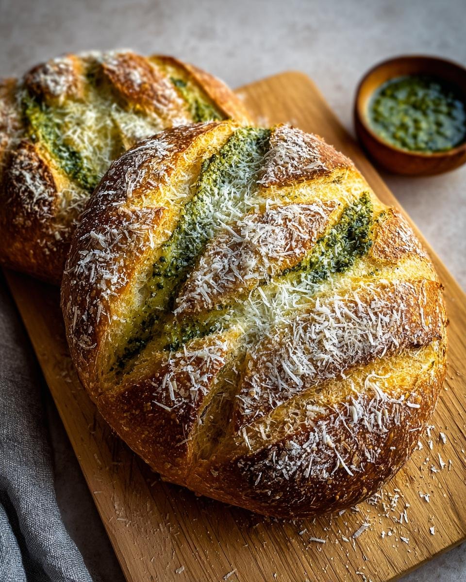 Deux pains au levain pesto parmesan dorés et croustillants, saupoudrés de parmesan râpé, sur une planche en bois.