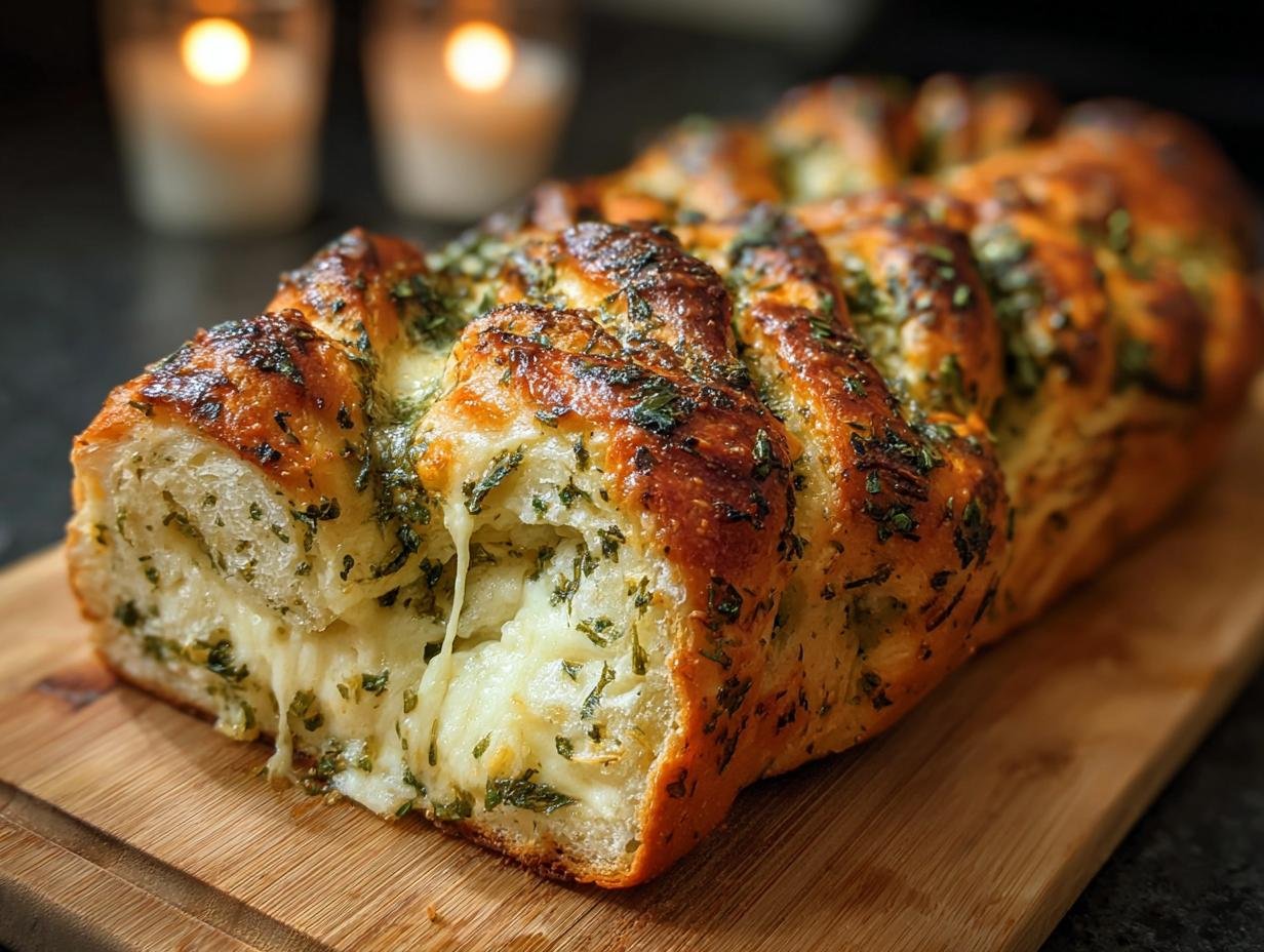 Gros plan d'un pain aux herbes italiennes et fromage dégoulinant, sur une planche en bois.