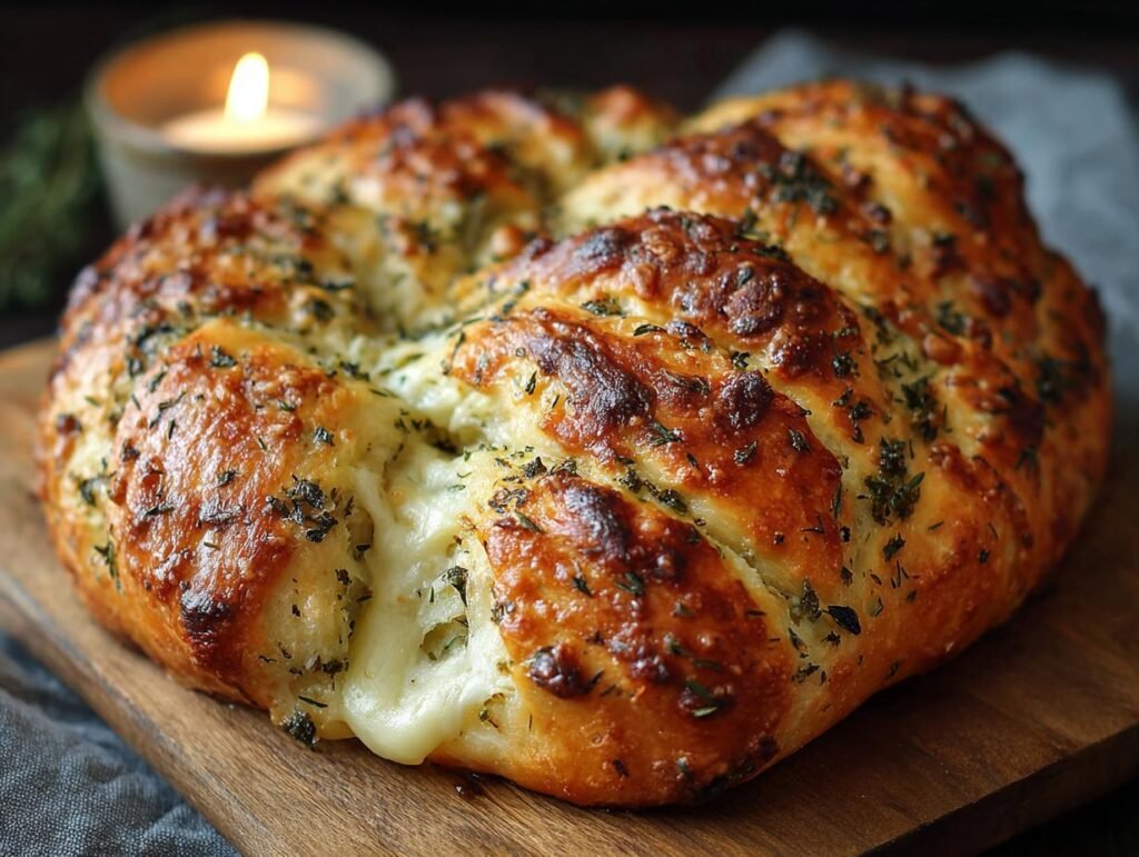 Gros plan d'un pain aux herbes italiennes et fromage, avec du fromage fondu visible.