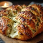 Gros plan d'un pain aux herbes italiennes et fromage, avec du fromage fondu visible.