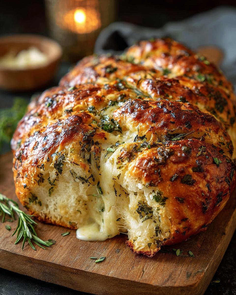 Gros plan d'un pain aux herbes italiennes et fromage fondant, garni d'herbes fraîches.