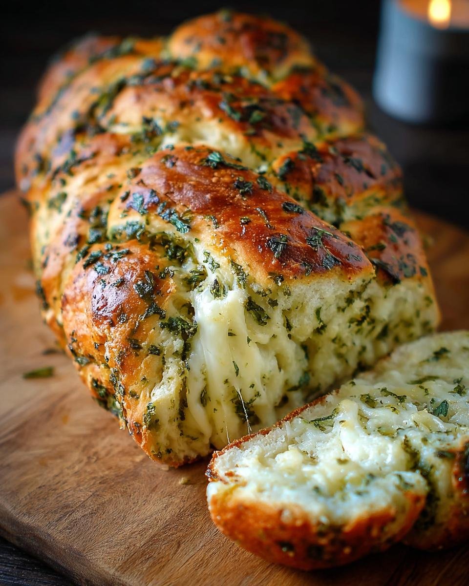 Gros plan d'un pain aux herbes italiennes et fromage, avec du fromage filant visible dans une tranche coupée.