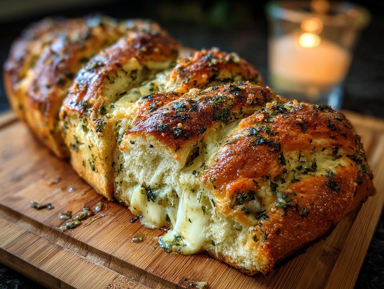 Gros plan d'un pain aux herbes italiennes fait maison, avec du fromage fondant qui coule.