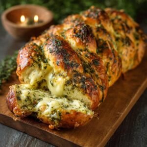 Gros plan d'un pain aux herbes italiennes et fromage, avec le fromage fondant qui coule.
