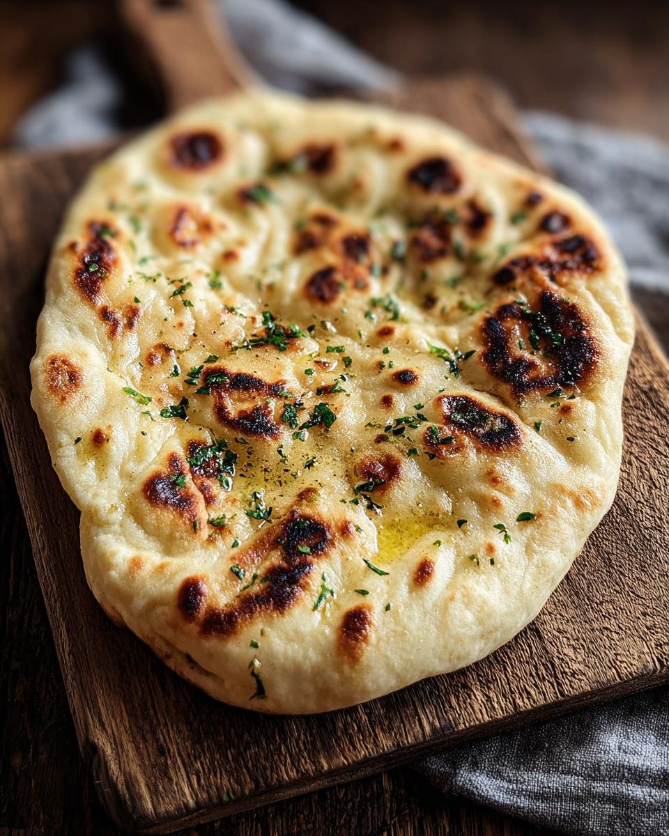Gros plan d'un pain naan au levain jeté, doré et légèrement brûlé, garni de persil et de beurre fondu.