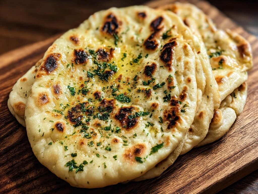 Gros plan sur plusieurs pains Naan au Levain Jeté, dorés et parsemés de persil frais et de beurre fondu.