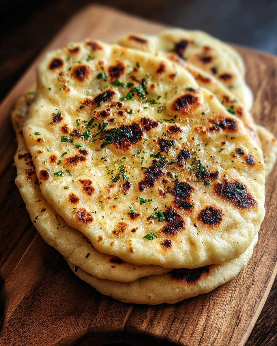 Gros plan sur une pile de pains Naan au Levain Jeté faits maison, saupoudrés de persil frais.
