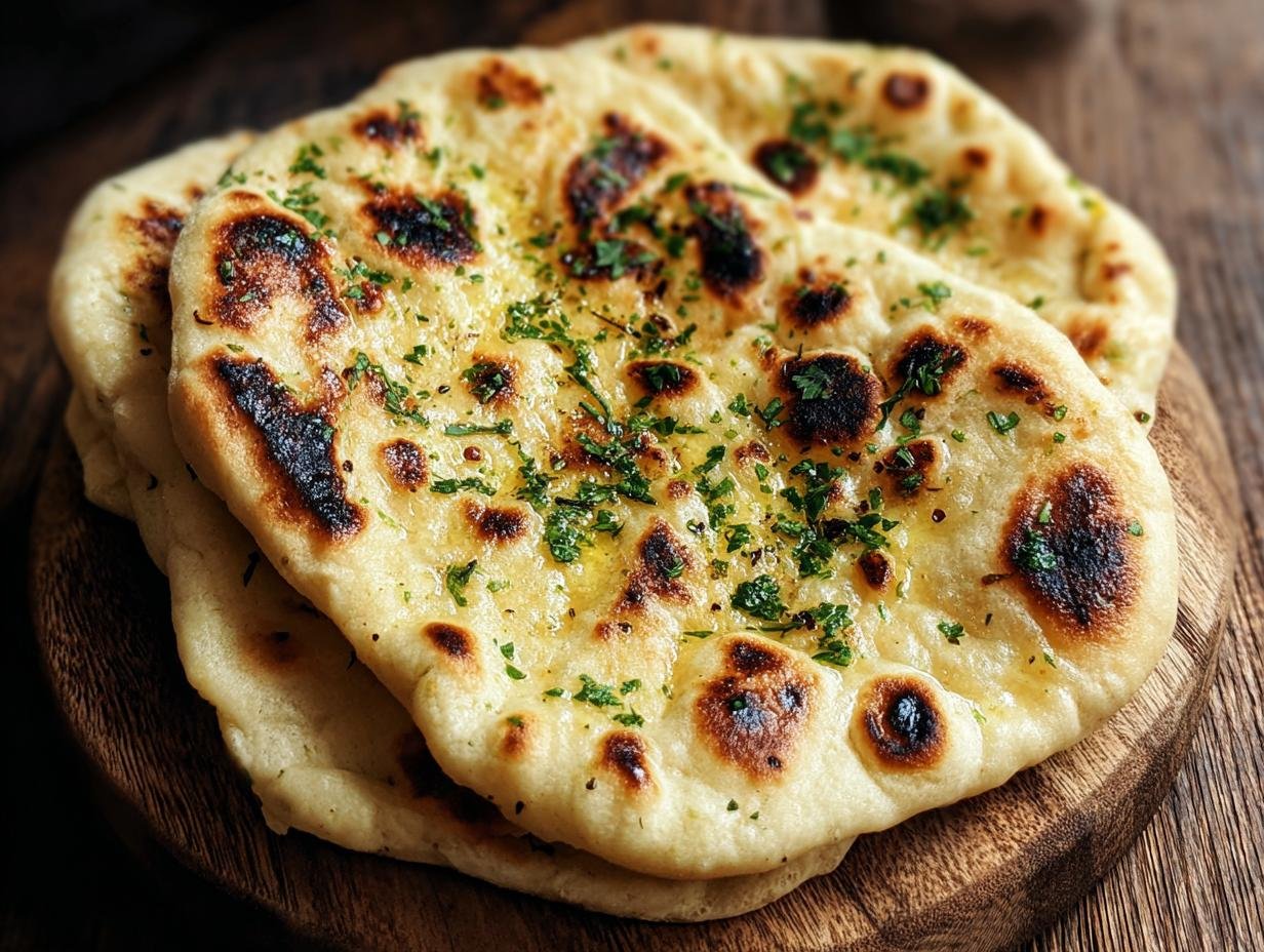 Gros plan sur un pain naan au levain jeté, doré et parsemé de persil frais.
