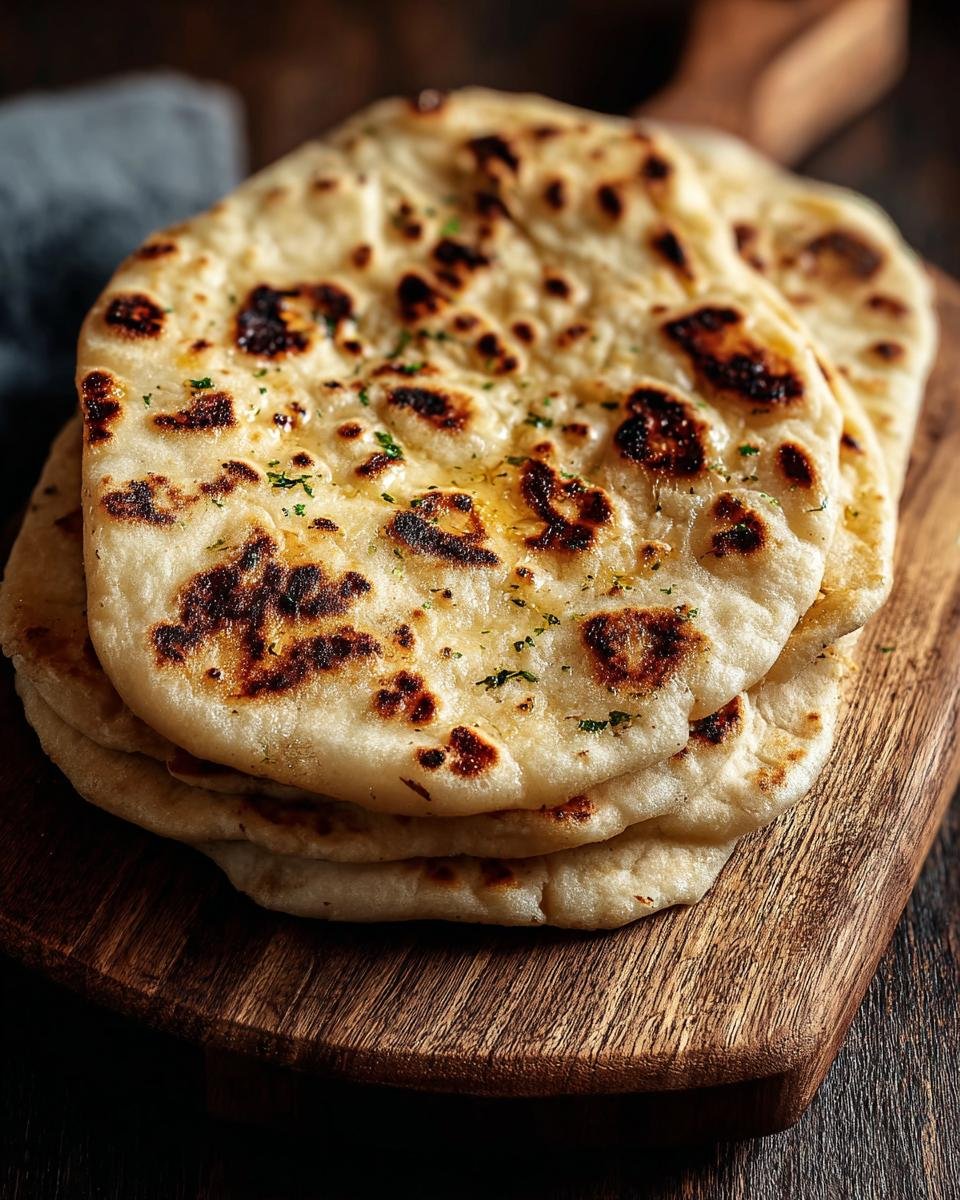 Gros plan sur une pile de pain naan au levain jeté, grillé et garni d'herbes.