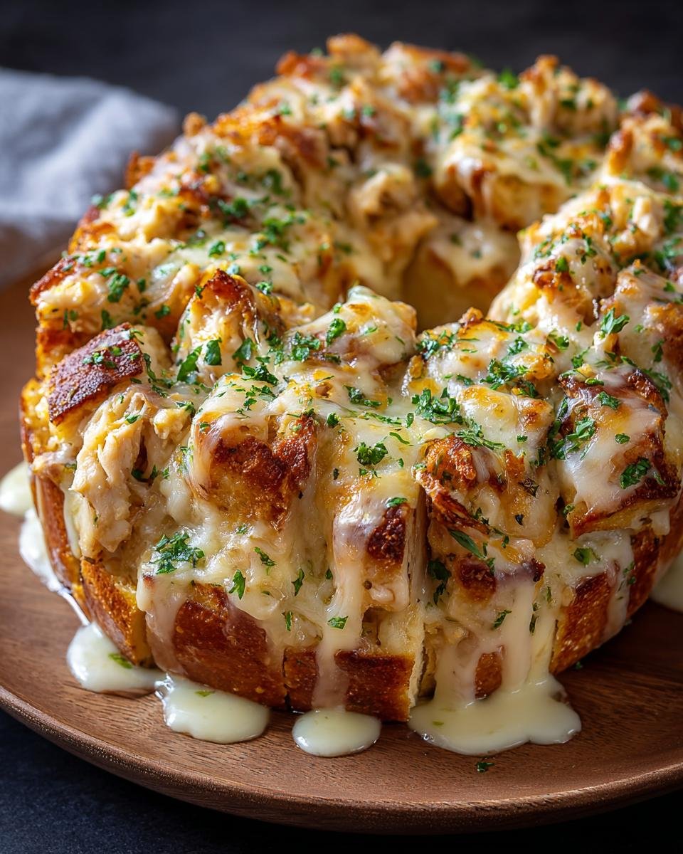 Gros plan d'un Pain Singe au Poulet Alfredo, garni de fromage fondu et de persil frais.