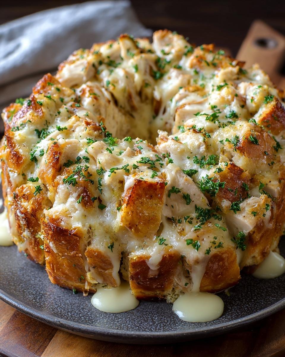 Gros plan d'un Pain Singe au Poulet Alfredo dégoulinant de fromage et garni de persil frais.