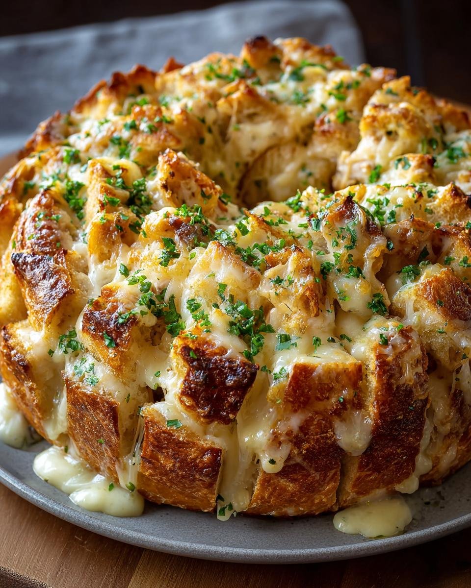 Gros plan d'un Pain Singe au Poulet Alfredo, doré et garni de persil frais, avec du fromage fondant.